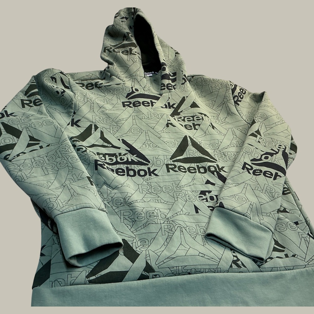 Reebok Hoodie All Over Logo Print Sage Green Pullover Size L Athletic Streetwear